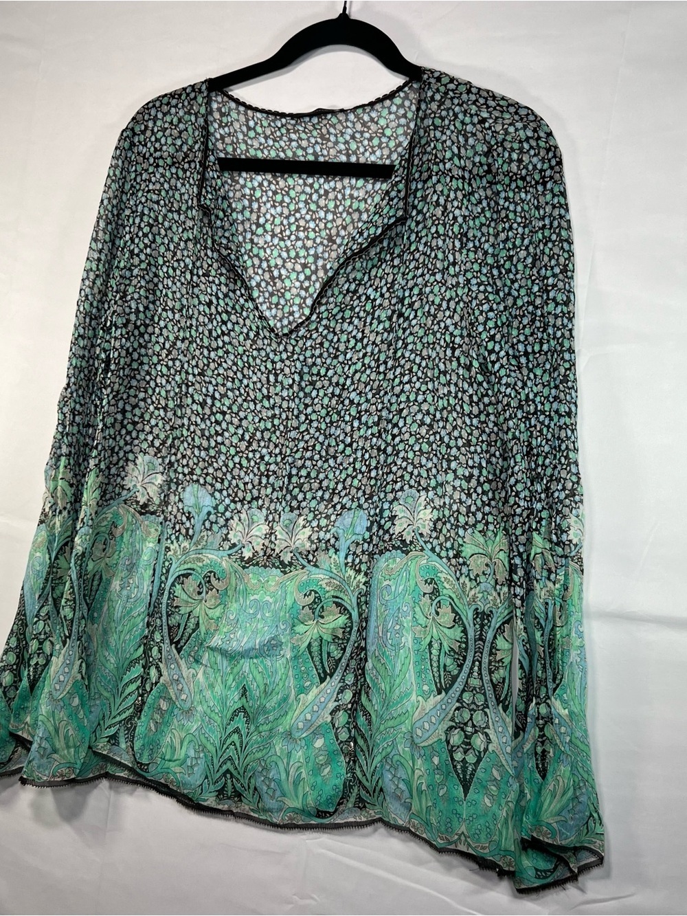 Elie Tahari Hamden Tunic Silk Sheer Paisley Floral Blouse Pool Nutmeg E04MC505 L - Picture 2 of 8